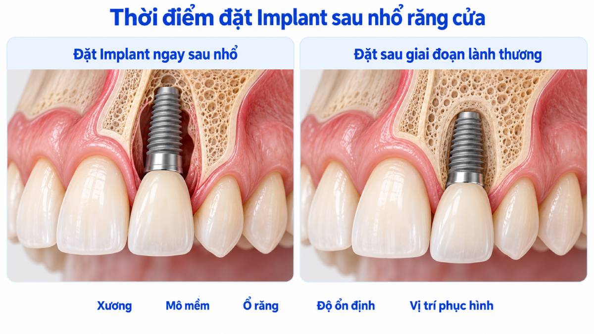 Thời điểm đặt Implant được lựa chọn theo tình trạng ổ răng, xương, mô mềm và khả năng đạt độ ổn định phù hợp.